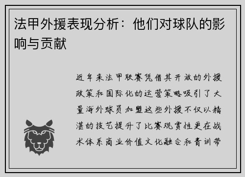 法甲外援表现分析：他们对球队的影响与贡献