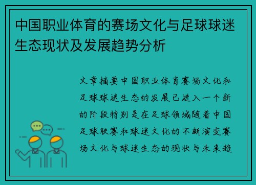 中国职业体育的赛场文化与足球球迷生态现状及发展趋势分析