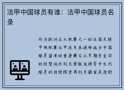 法甲中国球员有谁：法甲中国球员名录